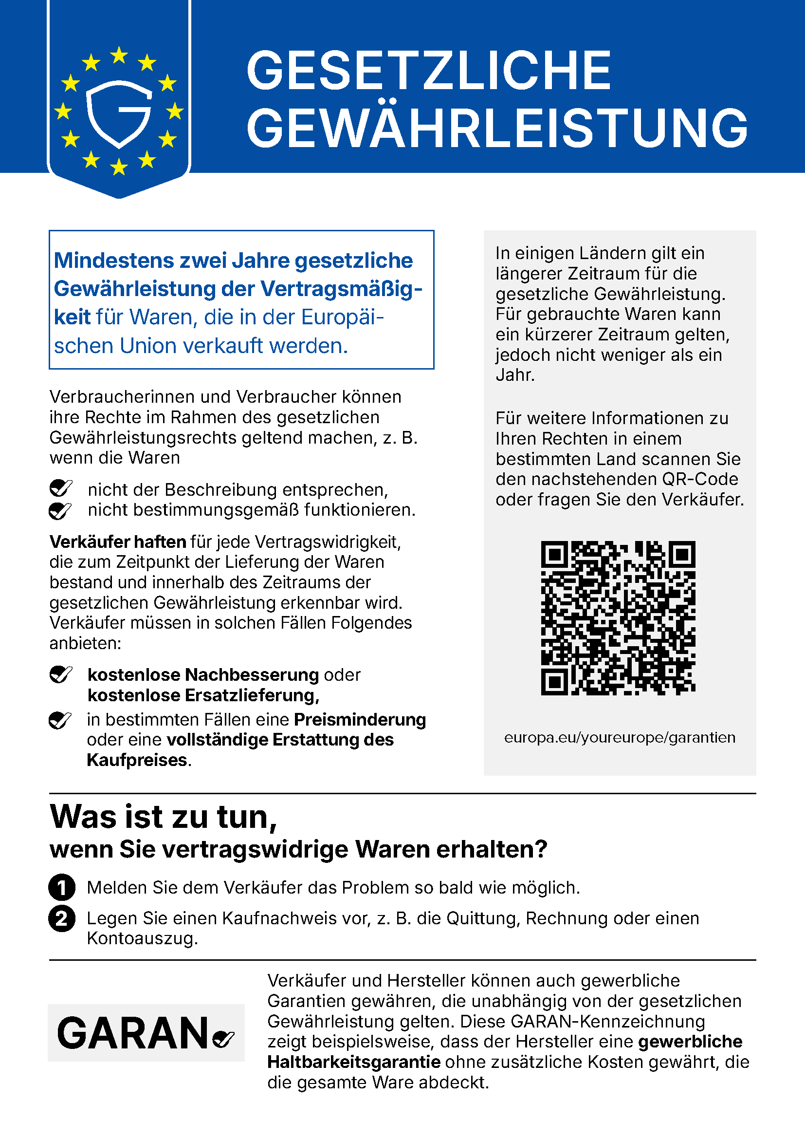 Offizielle EU-Mitteilung zur gesetzlichen Gewährleistung: Rechte bei mangelhaften Waren, Abhilfen und Vorgehensweise.