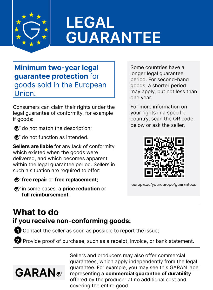 Official EU legal guarantee notice: rights for faulty goods, available remedies and steps to take.