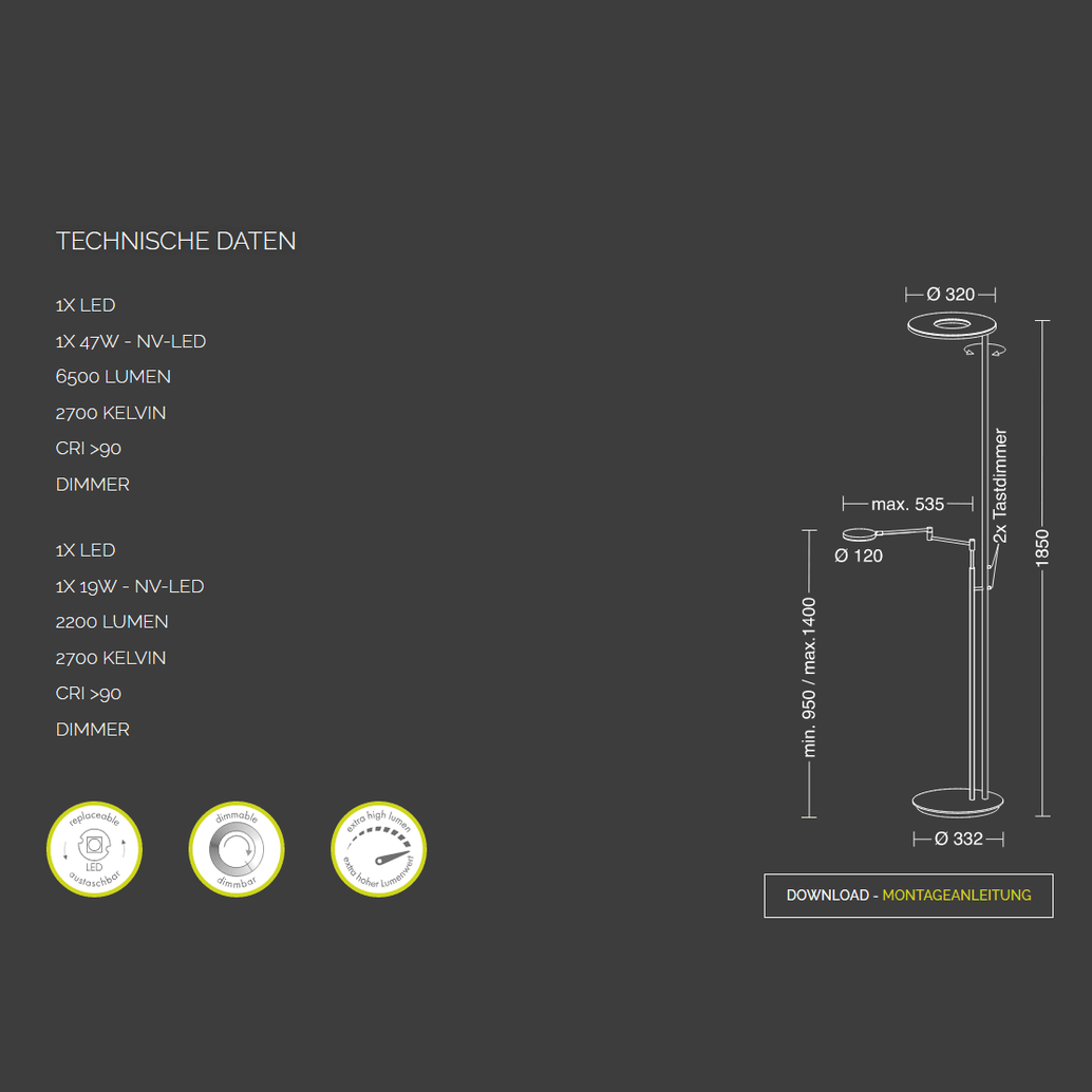 Holtkötter - Deckenfluter Nova-Plano platin LED dimmb.